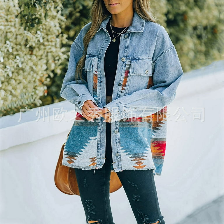 European and American Spring and Autumn Explosions AZTEC Denim Stitching Wool Coat Retro Burr Mid length Jacket for Women