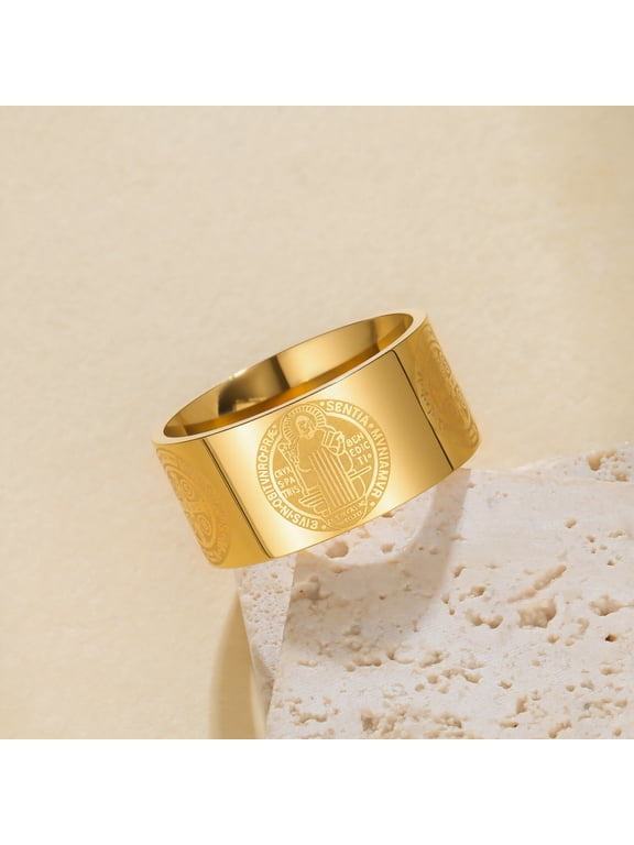 Religious Icon Engraved Wide Band Ring For Men Women, 14K Gold Filled Exclusive Designed Jewelry