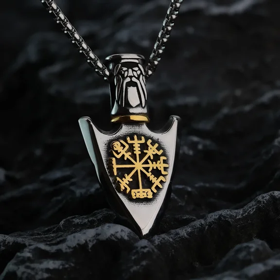 European and American Viking Compass Rune Arrow 14K White Gold Pendant Men's Creative Pendant Necklace