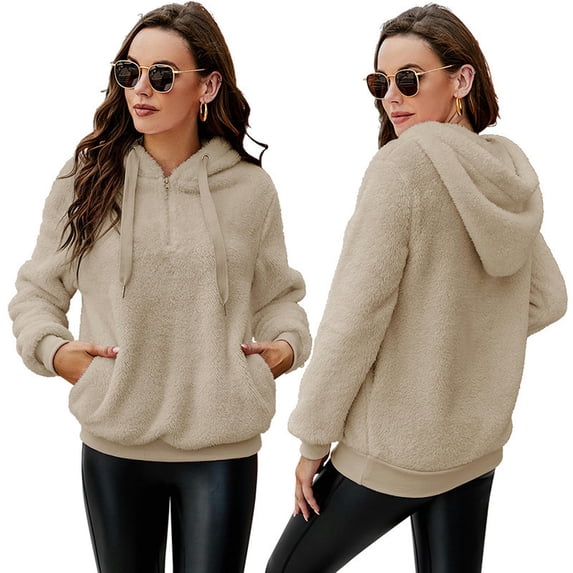 European and American autumn and winter hooded plush pullover sweatshirt long-sleeved zipper solid color warm jacket with pockets - Khaki - XL