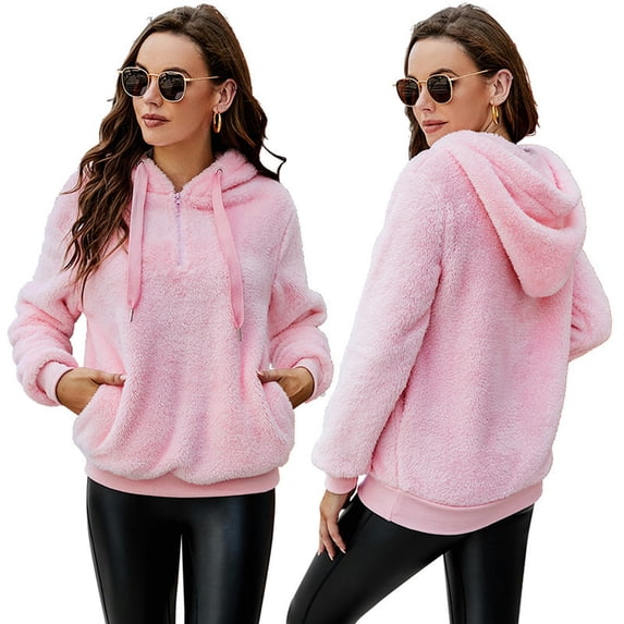 European and American autumn and winter hooded plush pullover sweatshirt long-sleeved zipper solid color warm jacket with pockets-SoftRed-XL