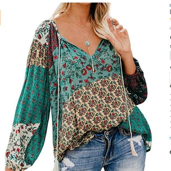 European and American autumn floral print large V-neck long-sleeved pullover shirt loose drawstring shirt top for women-positioned green flower-S