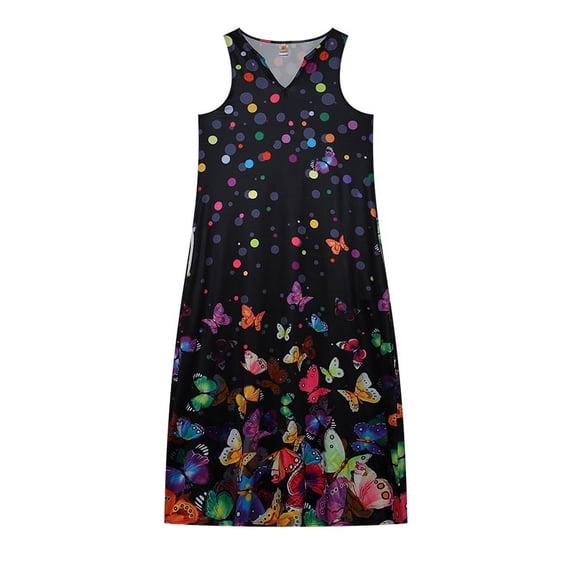 European and American cross-border independent station women sleeveless long skirt v-neck butterfly retro print dress