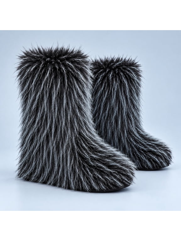 European and American fur snow boots flat heel high top raccoon fox hair winter warm medium tube women's artificial plush