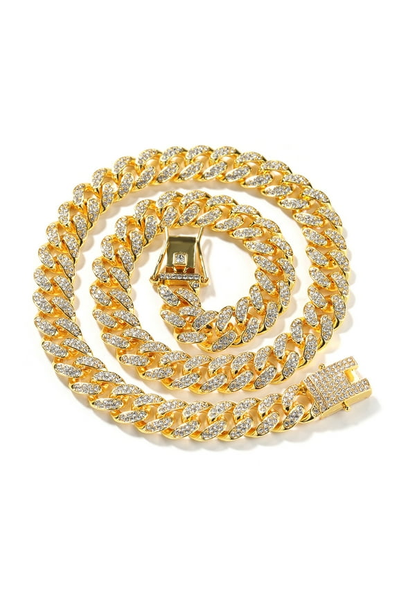 European and American hip-hop jewelry 14K gold-plated necklace 21mm high-end quality double row full diamond Cuban chain men's and women's necklaces