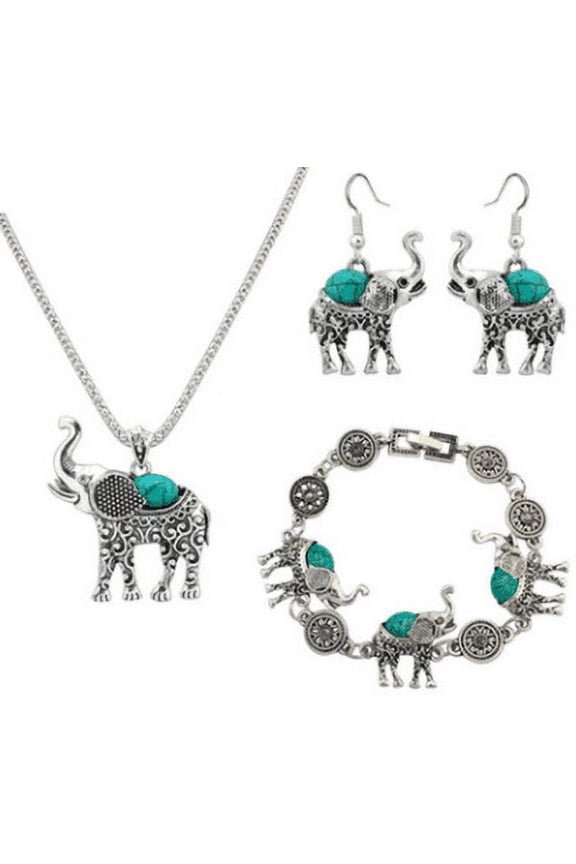 European and American retro turquoise elephant carved three-piece suit jewelry