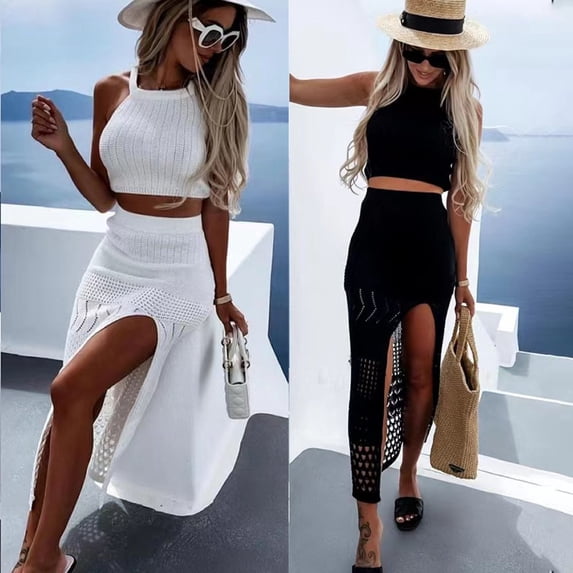 European and American sexy beach dress set, summer sleeveless knitted short top with long slit skirt