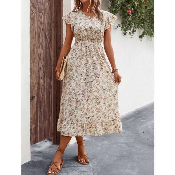 European and American style floral print French waist-cinching dress