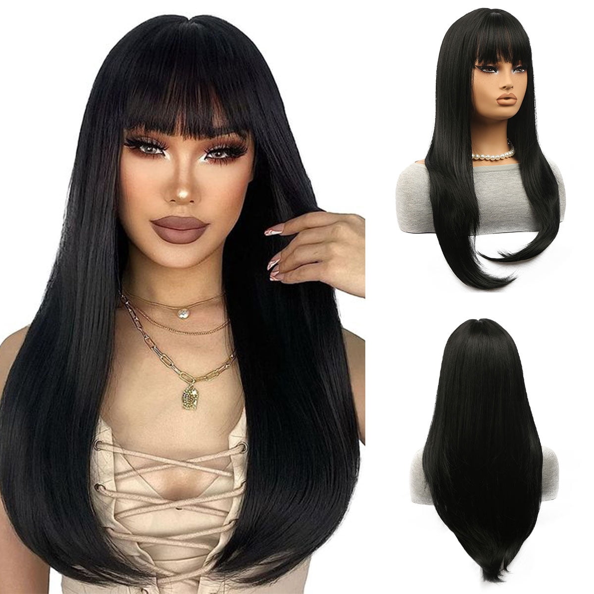 European and American style long straight hair with bangs wig, high temperature silk full head wig, fashionable inward curl hairstyle G924