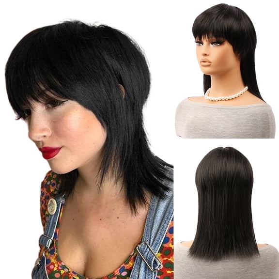 European and American style mullet wig with bangs, full head wig, high temperature silk, hair volume enhancement, black.