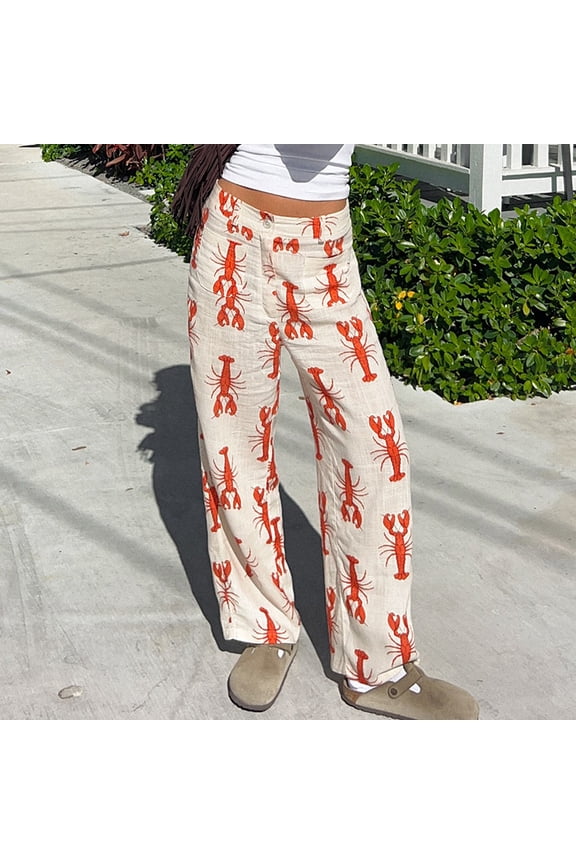 European and American style new personalized lobster print casual pants for women, 2026 spring/summer design, fashionable commuter straight-leg pants