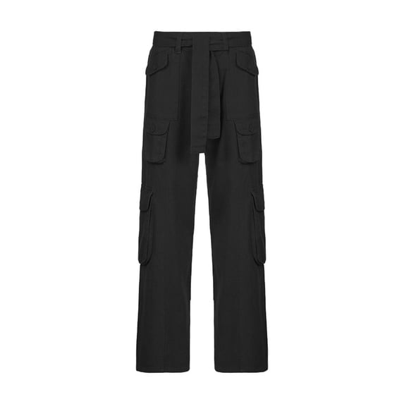 European and American style street trendy women's casual loose drawstring belt high waist pocket gray wide leg denim trousers - black - S