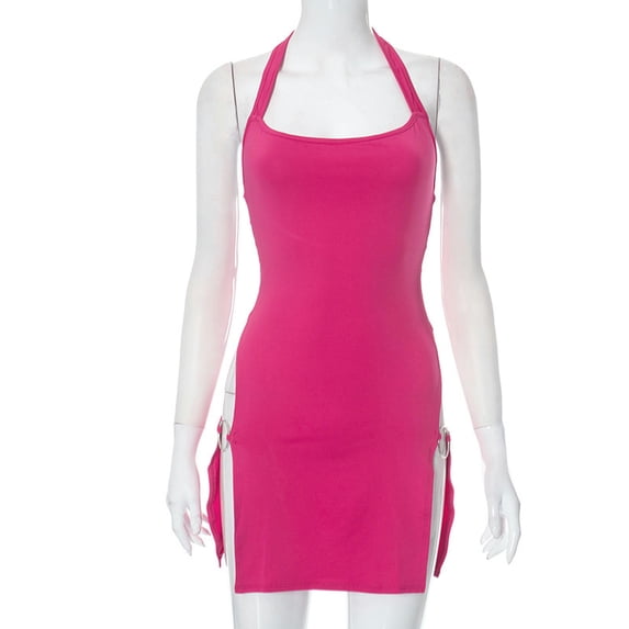 European and American style summer new solid color backless hollow halterneck sexy Stylish girl tight dress-rose red-S