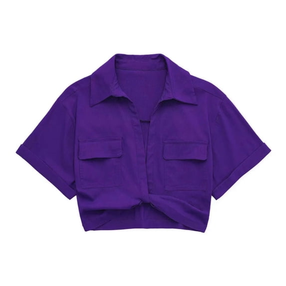 European and American style summer new stretch linen blended multi-color short shirt for women-Purple Blue-S