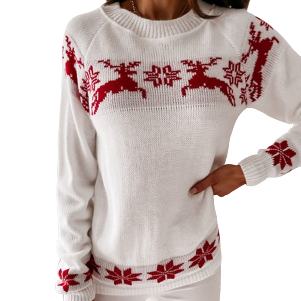 Jacquard-knit Sweater - Red/white - Ladies