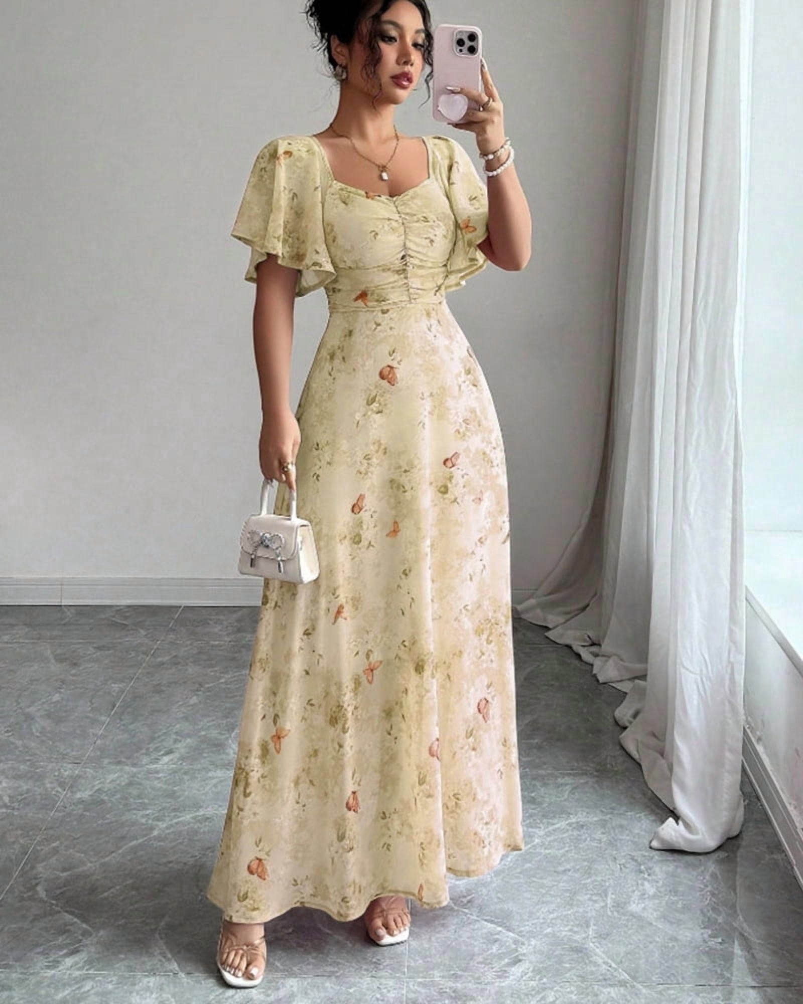 European and American women's summer fashion square-neck short-sleeve printed chiffon dress