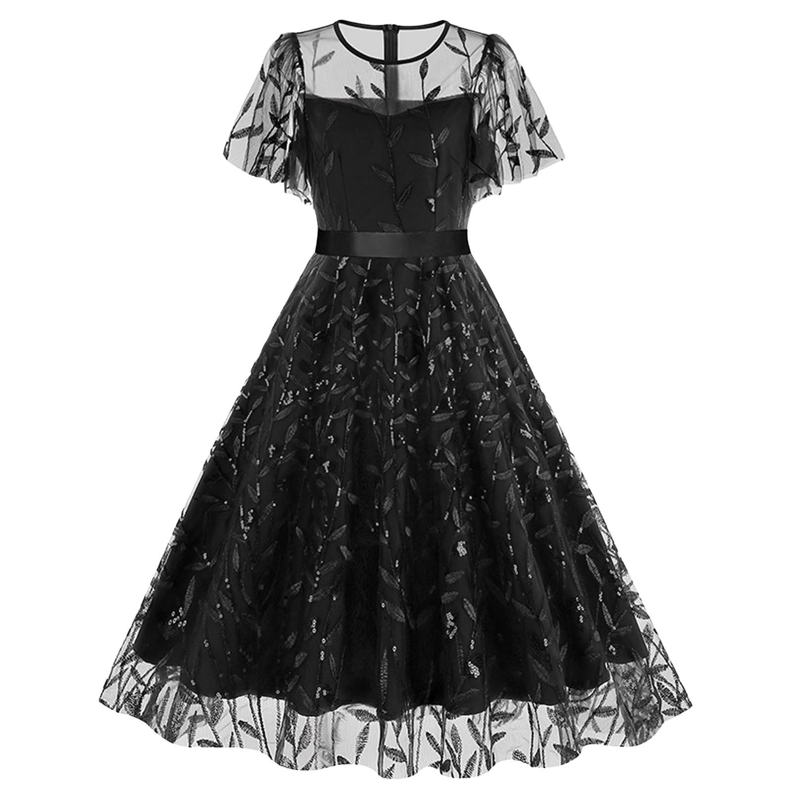 European and Border Round Neck Mesh Waist Belt Dress Retro Dress ...