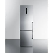 European counter depth bottom freezer refrigerator with stainless steel doors, platinum cabinet, factory installed icemaker, and digital controls for each section