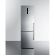 European counter depth bottom freezer refrigerator with stainless steel doors, platinum cabinet, factory installed icemaker, and digital controls for each section