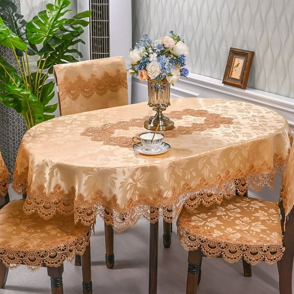 European lace living room simple tea table tablecloth Hotel Hotel household round table tablecloth light luxury cloth (181 Classic Gold,1pcs chair cover45cm)