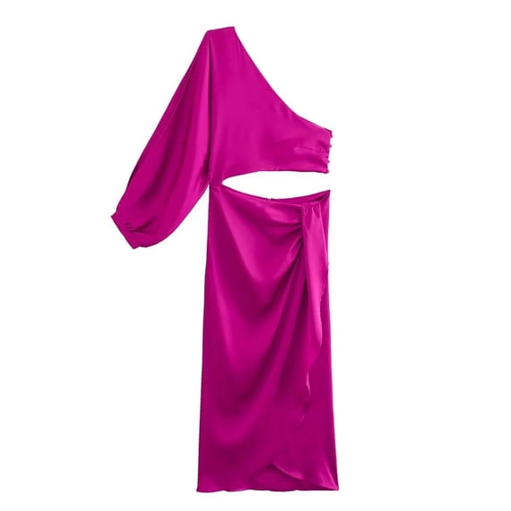 European size women's new autumn 5-color asymmetric silk satin texture dress-rose red-L