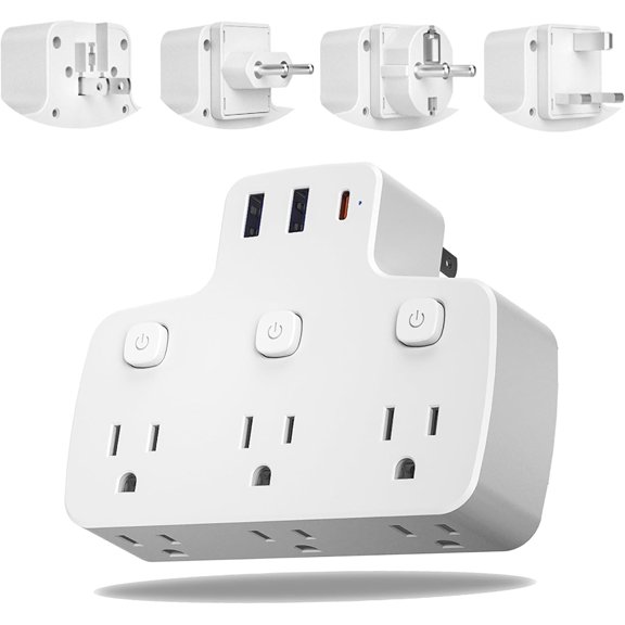 European travel plug adapter, international universal power adapter with removable //// plug, 6 sockets 3 switches, from the United States to Europe Spain France Greece UK Portugal, white