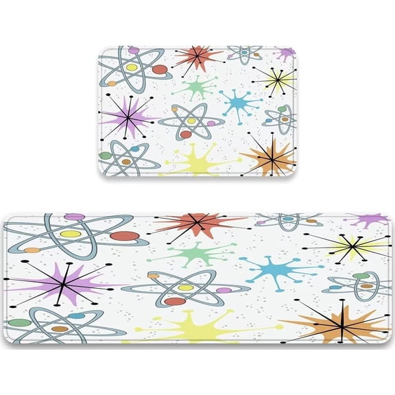 Europen Mid Century Modern Kitchen Rug Sets 2 Piece with Runner Atoms Retro Atomic Futurism Age Space Kitchen Rugs and Mats Washable Non Slip Bathroom Doormat Anti Fatigue Mat for Hallway,Laundry