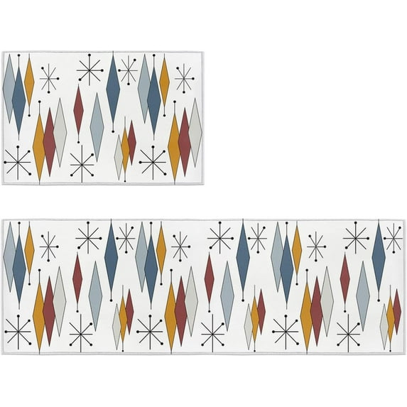 Europen Modern Mid Century Kitchen Rugs Set of 2 Anti Fatigue Mats for Kitchen Floor Cushioned Kitchen Rugs and Mats Non Slip Kitchen Runner Comfort Standing Mat, Blue Brown Gray Prismatic