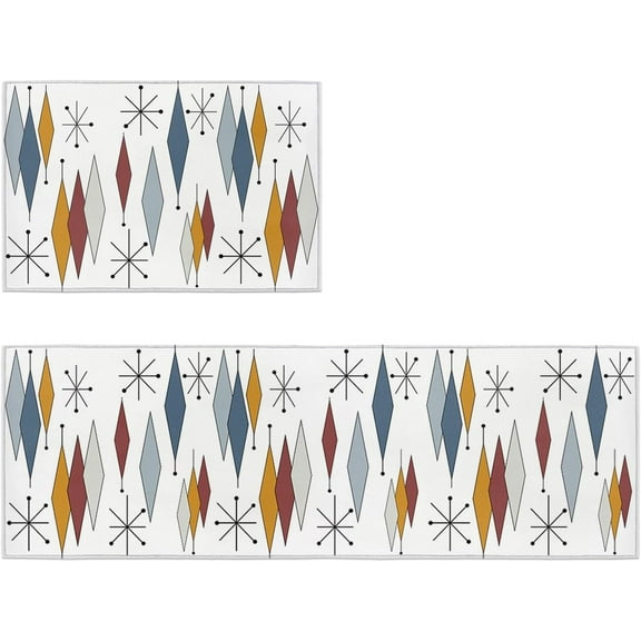 Europen Modern Mid Century Kitchen Rugs Set of 2 Anti Fatigue Mats for Kitchen Floor Cushioned Kitchen Rugs and Mats Non Slip Kitchen Runner Comfort Standing Mat, Blue Brown Gray Prismatic