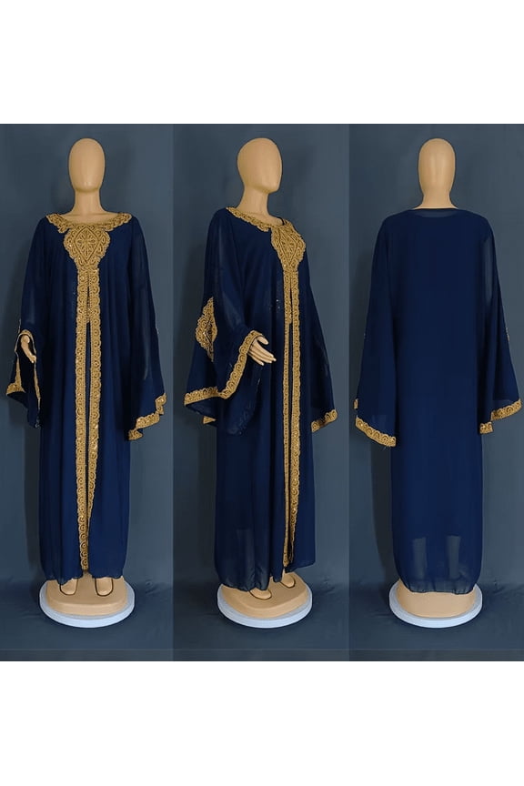 Europian American Style with Flared Sleeves Embroiderd Golden Flower Lace - Party, Wedding Women Dress