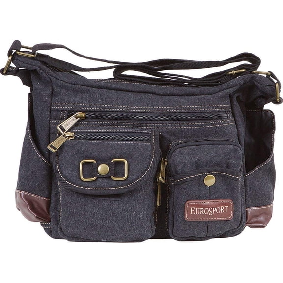 Eurosport Canvas Messenger Bag B420 Multi Pockets Adjustable Strap (Black)