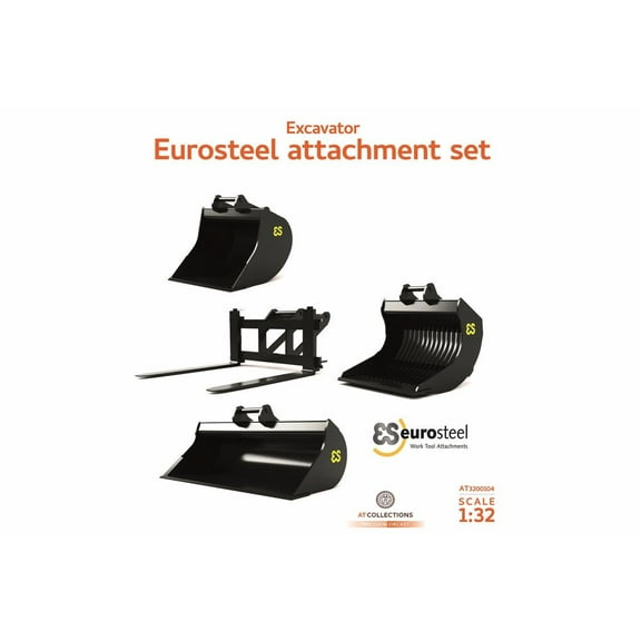 Eurosteel Excavator Accessory Set with S6/S60 connector (3 Buckets and Pallet Fork), Black - AT Collections AT3200104 - 1/32 Scale Diecast Model Toy Car