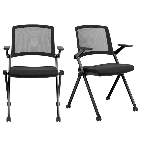 Euro Style Reino Rolling Nesting Chairs with Mesh Backs, Set of 2, Black