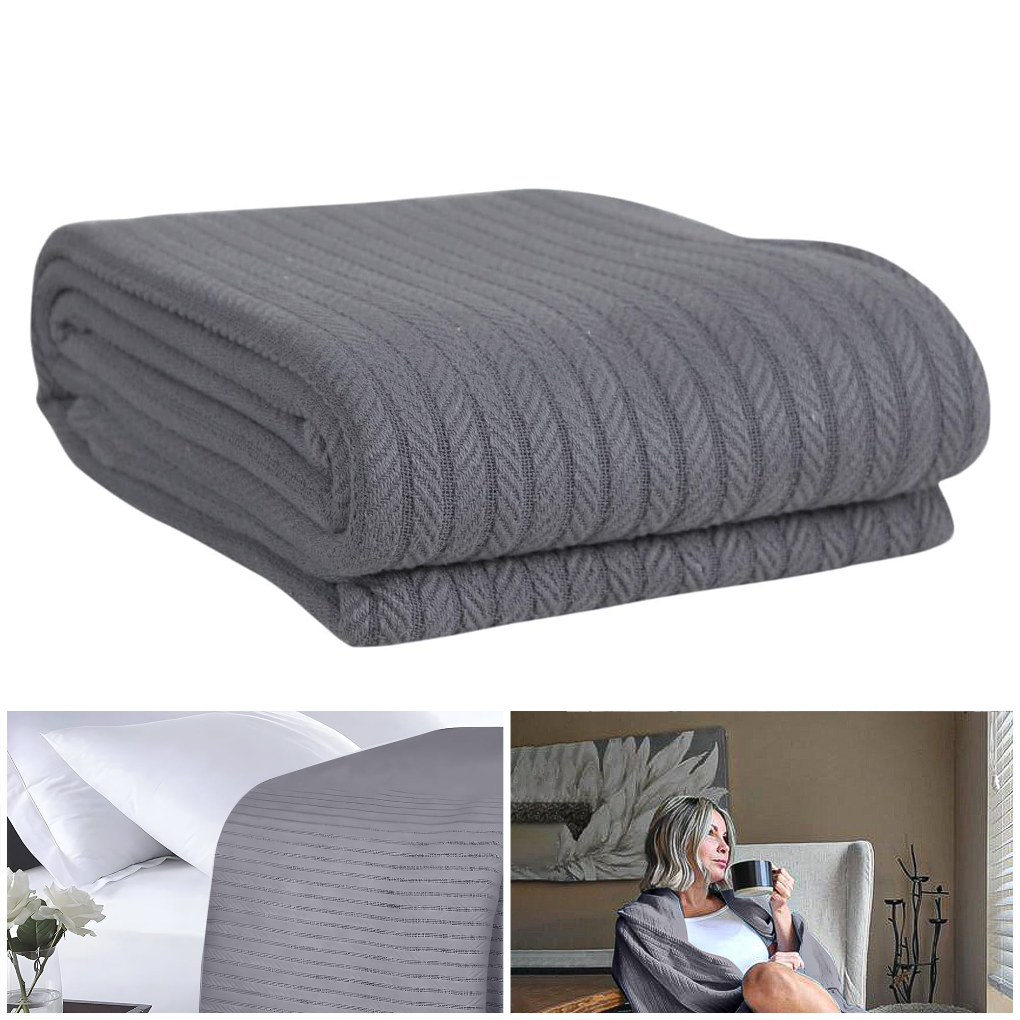 100% Cotton Knit Blanket Twin Size – Breathable Woven Grid Pattern, Lightweight Blanket For Bed Or Sofa
