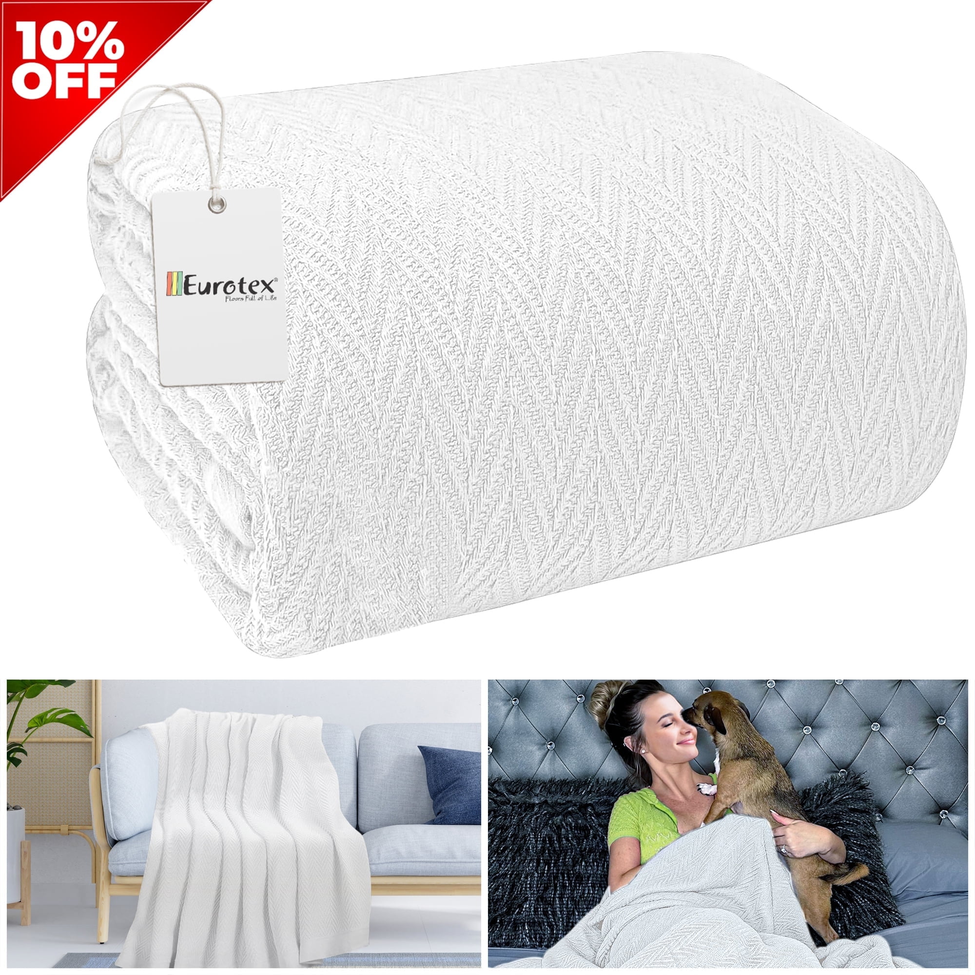 Free Shipping Eurotex 100 Cotton Breathable Bed Blanket Twin Size Cotton Thermal Blankets Twin Size Perfect for Layering Any Bed for All Season Herringbone Weave 66 x 90 in White Walmart