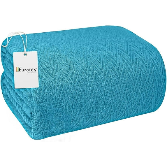 Eurotex Herringbone Weave All-Season 100% Cotton Queen Blanket, Teal