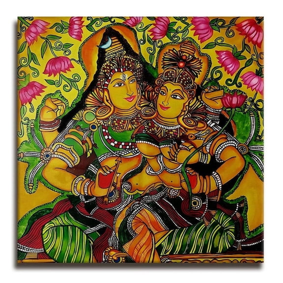 Eurotex Indian Ethnic Kerala Mural Shiv Parvati Wall Art Canvas Painting For Home Decor Ready To Hang Art Wall Art, Painting for Bed Room, 36x36 in (Without Frame)