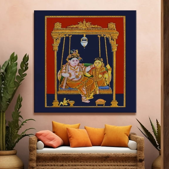 Eurotex Indian Ethnic Tanjore Rukmini or Krishna Wall Art Canvas Painting For Home Decor Ready To Hang Art Wall Art, Painting for Bed Room, 36x36 in (Without Frame)