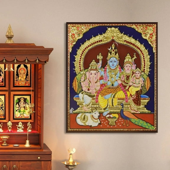 Eurotex Indian Ethnic Tanjore Shiv Parivar Wall Art Canvas Painting For Home Decor Ready To Hang Art Wall Art, Painting for Bed Room, 18x18 in (Without Frame)