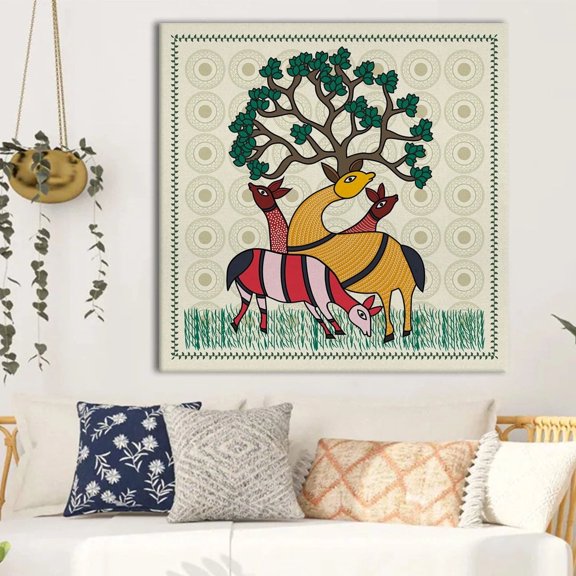Eurotex Indian Kalighat Deer Wall Art Canvas Painting For Home Decor Ready To Hang Art Wall Art, Painting for Bed Room, 36x36 in (Without Frame)