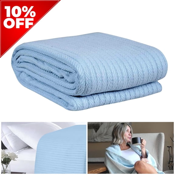 Eurotex Luxury Cotton Blankets for Twin Size Bed | All-Season 100% Cotton Fishbone Lightweight, Soft & Cozy Fall Thermal Blanket, 350GSM, 66x90 inches | Blue
