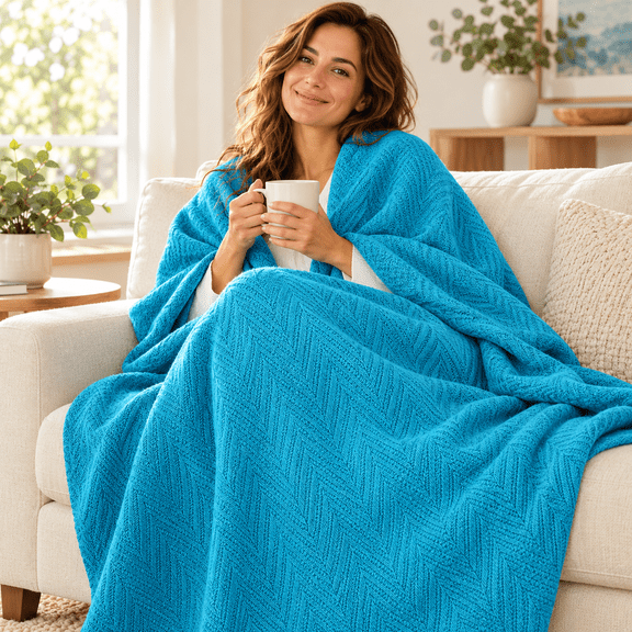 Eurotex Herringbone All-Season 100% Cotton Blanket, Twin, Teal