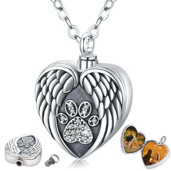 Eusense Pet Cremation Jewelry Urn Necklace for Dogs Cats Ashes Keepsake Paw Heart Locket Necklace That Holds Pictures