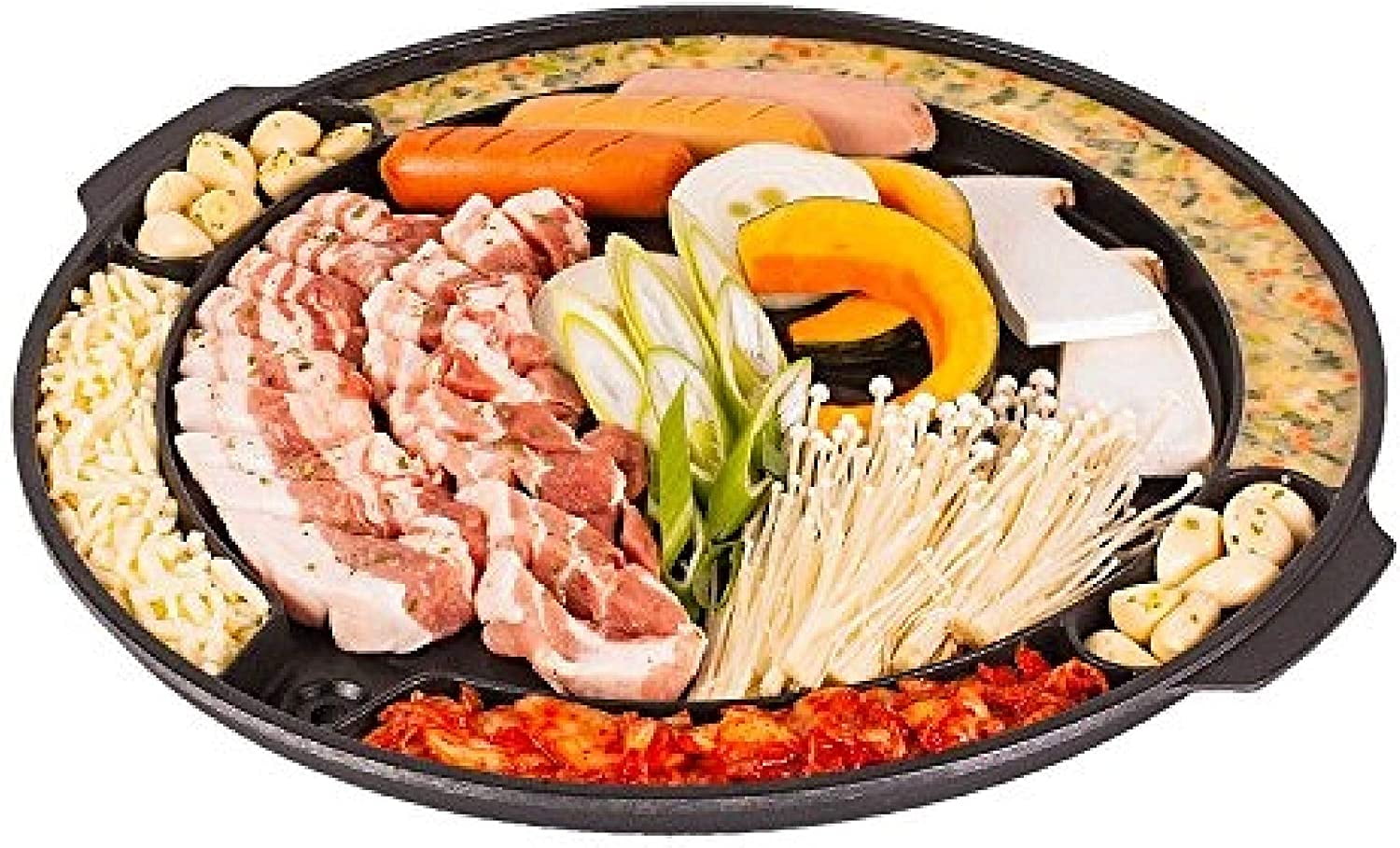 MOUMOUTEN BBQ Grill Pan, 41CM Korean BBQ Grill Seasoned Cast Iron Frying  Pan, Dual Handles Cast Iron Skillets, Korean Round Griddle Pan for Camping