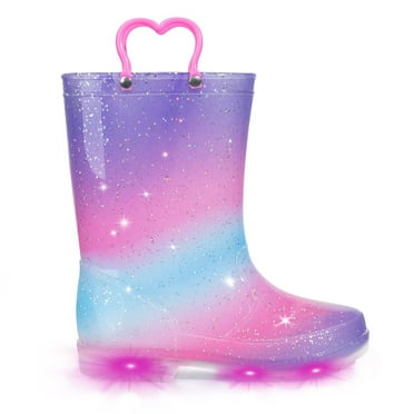 EUXTERPA Girls Glitter Rain Boots Toddler Kids Light Up Waterproof Boots with Handles Toddler Size 10