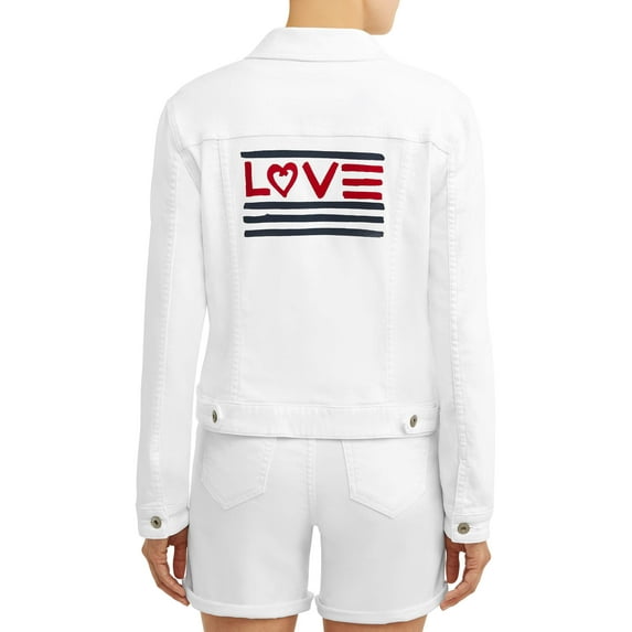 EV1 from Ellen DeGeneres Women's Love Flag Long-Sleeve Premium Denim Jacket (White, X-Small (XS)