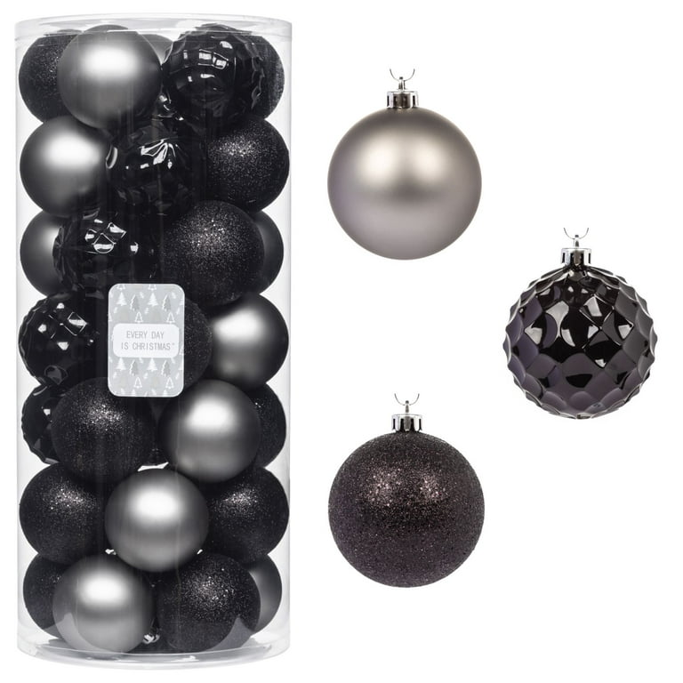 Every Day is Christmas Ornaments, Shatterproof Christmas Tree Ornament Set,  Christmas Balls Decoration 50 Count (2.24/57mm, Black Grey)