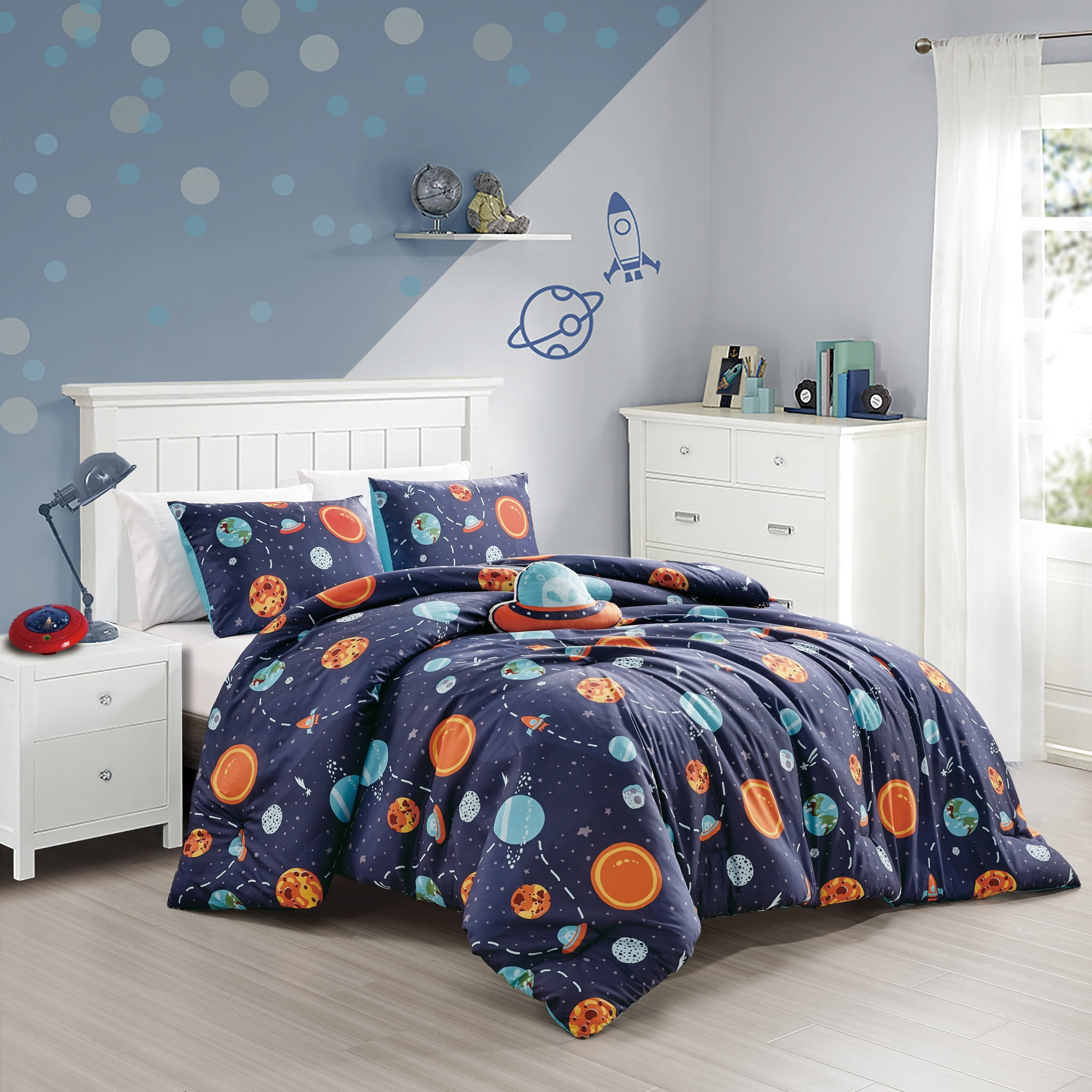 EvJK 3-4PC KID COMFORTER – Soft & Cozy Luxury Print Comforter with Coordinated Shams and Toy Pillow – Universe Pattern, Twin