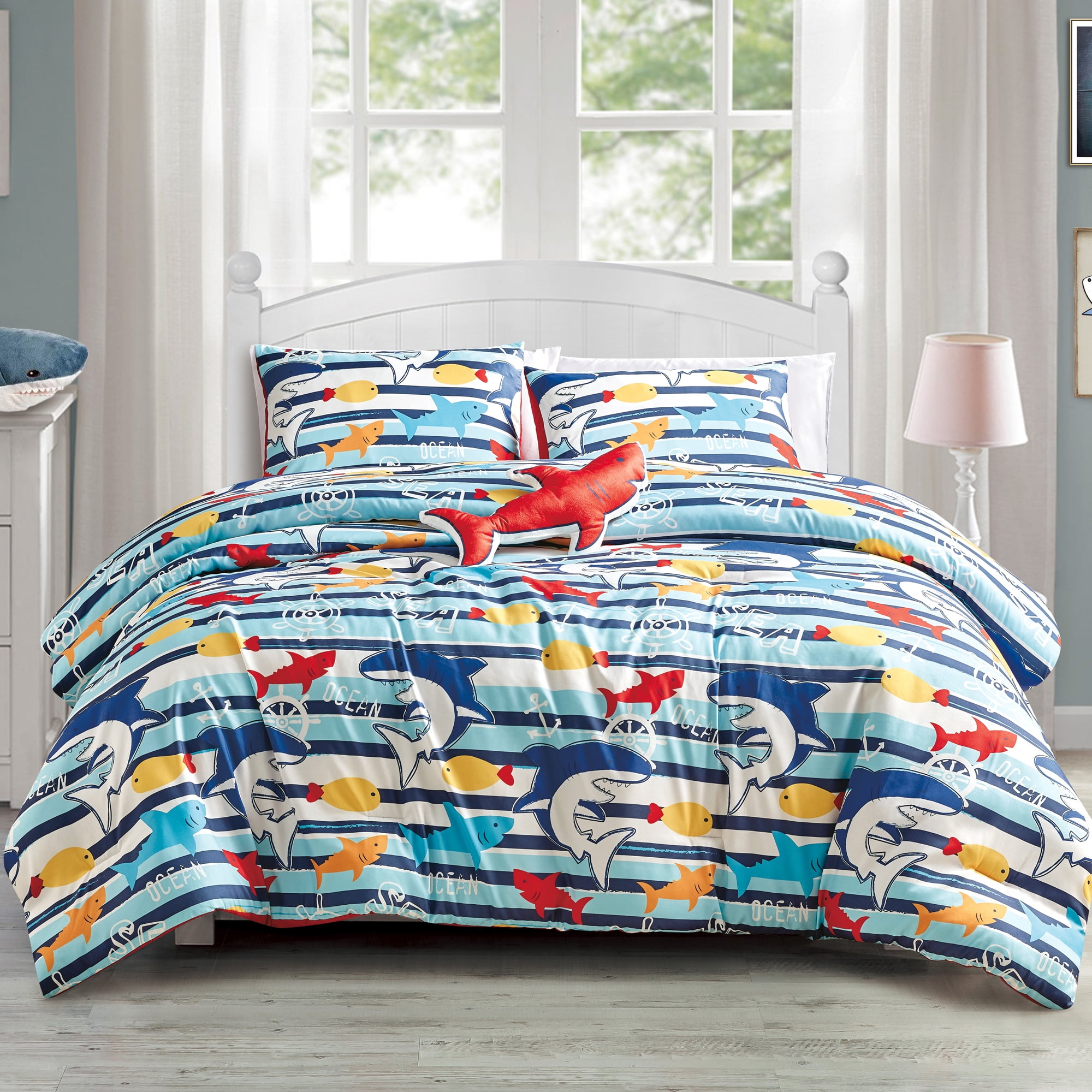 EvJK 3-4PC KID COMFORTER – Soft & Cozy Premium Print Comforter with Coordinated Shams and Toy Pillow – Ocean Life Pattern, Twin
