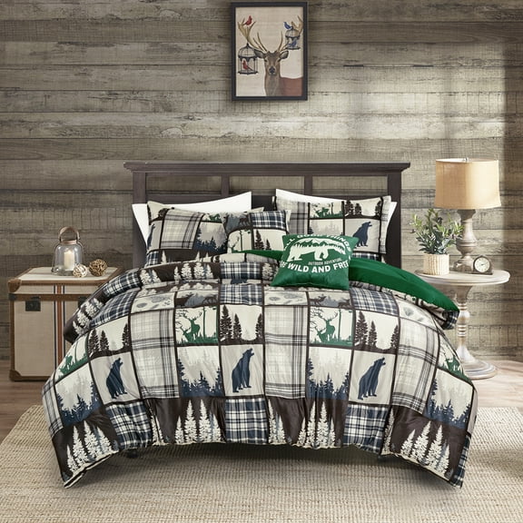 EvJK 5-Piece Velvet Sherpa Comforter Set – Wild and Free Cabin Lodge Bedding, Soft & Cozy Comforter with Matching Shams and Decorative Cushions, King